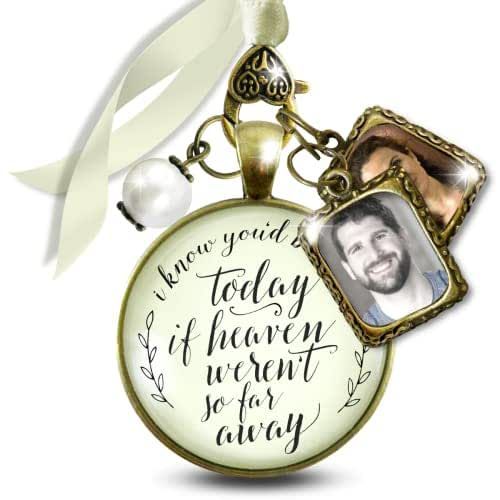 Bouquet Photo Charms Wedding Memory I Know You'd Be Here Today If Heaven Honor Any Loved One Missed Vintage Bronze Jewelry Cream Glass Pendant White Bead 2 Frames Ties to Bride's Flowers DIY Template