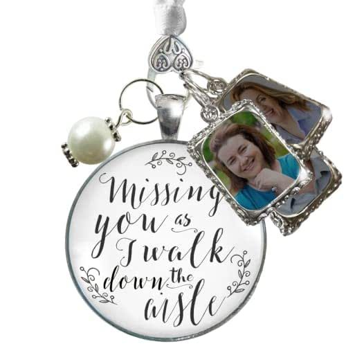 Bouquet Photo Charm 3 Frames Wedding Memory Missing You As I Walk Down Aisle Honor Anyone Picture Antique Silver Pendant White Glass Pendant Bridal Remembrance for Flowers DIY Template