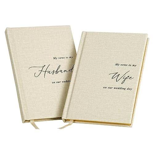 MUUJEE Hard Cover Vow Books (Set of 2) - Cream Canvas Linen Foil Embossed Wedding Ceremony Vow Renewal Speech Books, Couple Gifts for Engagement (To My Husband/Wife)