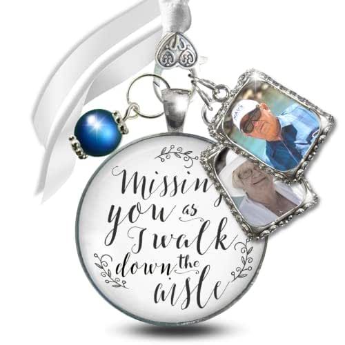 Bouquet Picture Charms Missing You As I Walk Down Aisle Honor Anyone 2 Photo Frames Wedding Remembrance Antique Silvertone White Glass Pendant Something Blue Bead for Bride DIY Template