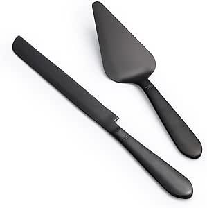 Wedding Cake Knife and Server Set, Integral Stainless Steel Longer Cake Cutter and Wider Pie Spatula, Elegant Cake Cutting Serving Set for Party Birthday Christmas Bridal Shower Set of 2, Matte Black