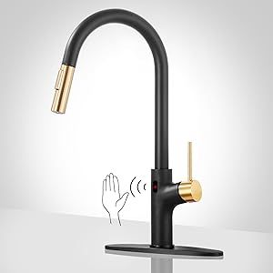 Touchless Kitchen Faucet, Stainless Steel Motion Sensor Kitchen Faucet with Pull Down Sprayer, Single Handle Hands-Free Smart Activated Faucet for Kitchen Sink, Black and Gold