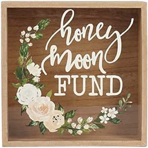 Honey Moon Fund and Card Rustic Wood Box with Mixed Floral Garland Design for Weddings, Birthdays, Graduations, Baby and Bridal Showers, 9.5" x 3" x 9.5", Honey Moon Fund