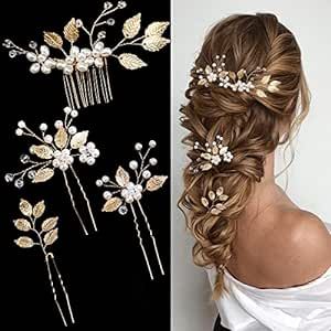 4 Pieces Bridal Wedding Hair Pins Gold Leaf Crystal Pearl Hair Pins Clips Flower Headpiece Vintage Wedding Hair Accessories for Brides Bridesmaids Women Girls