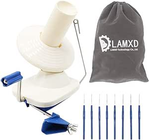 LAMXD Needlecraft Yarn Ball Winder Hand Operated,Capacity 4-Ounce,Blue,Portable Package,Easy to Set Up and Use,Sturdy with Metal Handle and Tabletop Clamp,Including 8 Sizes Crochet Hooks Set