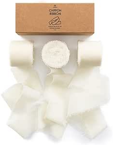 Vitalizart 3 Rolls Handmade Fringe Chiffon Silk Ribbon 1.5" x 7Yd Cream White Ribbons Set for Wedding Invitations, Bridal Bouquets, Gifts Wrapping, DIY Crafts