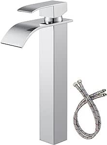 HOROW Bathroom Sink Faucet Polished Chrome, Tall Body Waterfall Vessel Sink Faucet Hot and Cold, Lavatory Faucet Single Hole Single Handle Deck Mount with Water Supply Lines, Waterfall Vanity Faucet