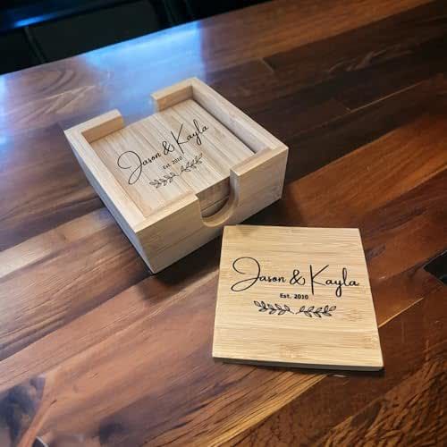 Personalized Engraved Bamboo Coasters, Great Wedding Gift, Custom Coaster set with holder, Gifts for Couples