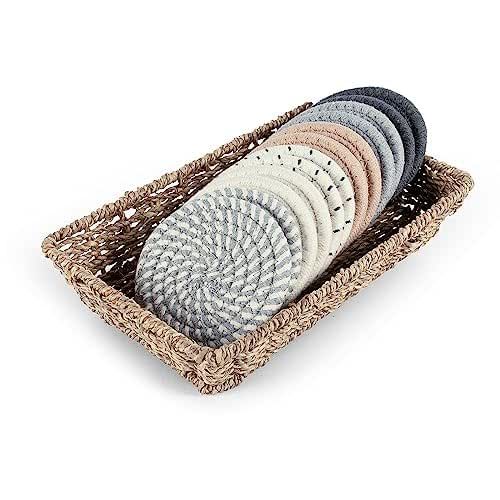 Boho Coasters for Drinks with Seagrass Basket Holder Set,12 Pcs Handmade Woven Absorbent Insulating Coasters for Coffee Table,Table Home Decor