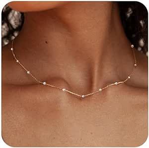FUNEIA Dainty Pearl Necklace for Women Girls 14K Gold Plated Faux Pearl Choker Necklaces Trendy White Silver Small Pearl Necklace Strand Wedding Prom Bridal Pearls Jewelry 14/16/18/20 Inches