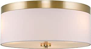 Kira Home Walker 15" Large Mid-Century Modern 3-Light Flush Mount Ceiling Light, White Fabric Shade + Round Glass Diffuser, Cool Brass Finish