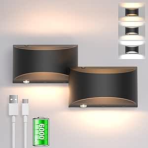 Aipsun Battery Operated LED Wall Sconce Set of Two, USB Rechargeable Black Wall Lights Fixtures, Indoor Dimmable Wireless Wall Light, Not Hardwired Fixture for Living Room, Bedroom