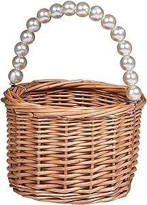 Wicker Rattan Flower Girl Basket,Pearl Handle Flower Girl Basket,Wedding Flower Girl Basket and Home Decorations.