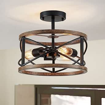 WUZUPS Chandelier 3-Light Imitation Wood Grain Vintage Farmhouse Industrial Semi-Flushmount Ceiling Light Lighting Fixture for Foyer Hallway Storage Room Kitchen Bathroom, H 12" W 9.4", Black