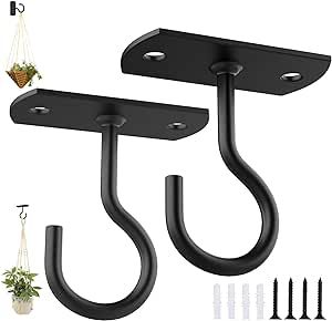 Ceiling Plant Hanger Hook 2Pack 2.5in,Wall Mount Hangers Plant Hooks, Wall Hooks for Plants, Lights, Planters, Cups, Lanterns, Hanging Bird Feeders, Wind Chimes, Indoor&Outdoor Decoration Hooks Black
