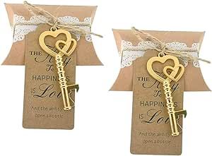 ALIMITOPIA 50pcs Double-heart Key Bottle Opener Wedding Party Favor Souvenir Gift with Candy Box Escort Tag and Jute Rope(Gold Tone)