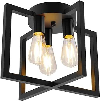 3-Light Kitchen Light Fixtures Ceiling Mount, Industrial Modern Semi Flush Mount Lighting Fixture with Black Metal Frame, Farmhouse Vintage Ceiling Lamp for Hallway, Bedroom, Dining Room