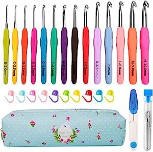Yarniss 14 Size Crochet Hooks Set,MultiColor,2mm(B)-10mm(N) Ergonomic Crochet Hooks with Case for Arthritic Hands, Extra Long Crochet Needles