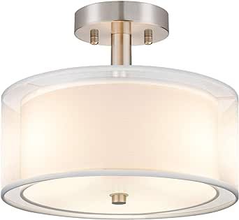 FOLKSMATE 3-Light Semi Flush Mount Ceiling Light Fixture, Drum Light with Double Fabric Shade, Modern Close to Ceiling Lamps for Dining Room Kitchen