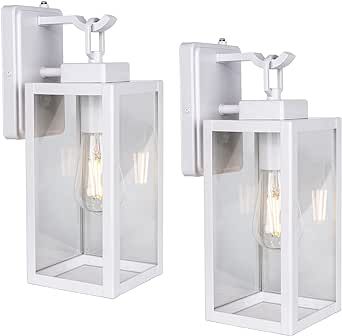 LIT-PaTH Dusk to Dawn Outdoor Wall Lantern, Wall Sconce as Porch Lighting Fixture, E26 Medium Base Max 60W, Metal Housing with Glass Shade, White, 2-Pack