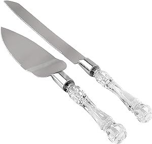 Wedding Cake Knife and Server Set | Acrylic Faux Crystal Handles & Premium 420 Stainless Steel Blades | Cake Cutting Set for Wedding Cake, Birthdays, Anniversaries, Parties (Clear Silver)