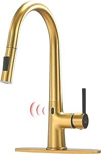 GIMILI Gold Touchless Kitchen Faucet with Pull Down Sprayer, High Arc Single Handle Motion Sensor Smart Activated Hands-Free Kitchen Sink Faucet