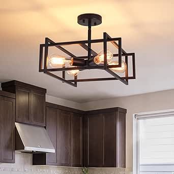 Metal Semi Flush Mount Ceiling Light Fixture, 4-Light Black Industrial Ceiling Lamp Rustic Vintage Farmhouse Lighting Chandelier Light for Kitchen Island Hallway Dining Room