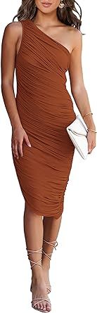 PRETTYGARDEN Women's Ruched Bodycon Dress 2024 Summer One Shoulder Sleeveless Party Cocktail Pencil Dresses