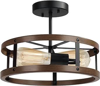 EAPUDUN Farmhouse Ceiling Light, 13‘’ Imitation Wooden Semi Flush Mount Ceiling Light Fixture, Retro 2-Light Ceiling Lamp for Hallway Entryway Bedroom Kitchen Dining Room SMA1139-FBDT