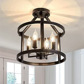 UOFUS Metal Semi Flush Mount Ceiling Light Fixture 4 Candle Holder Matte Chandelier Farmhouse Ceiling Lamp for Dining Room Bedroom Kitchen Hallway Entryway(Black)