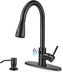Touchless Kitchen Sink Faucet with Pull Down Sprayer, Herogo Matte Black Stainless Steel Motion Sensor Faucet with Soap Dispenser, Single Handle Smart Activated Kitchen Faucet for Farmhouse RV Sink