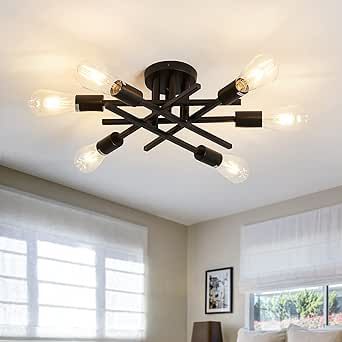 ASGYISA Semi Flush Mount Modern Ceiling Light Fixture, 6 Lights Black Vintage Matte Sputnik Chandelier Ceiling Lamp with E26 Bulb Base for Farmhouse Dining Room Living Room Bedroom Study Kitchen