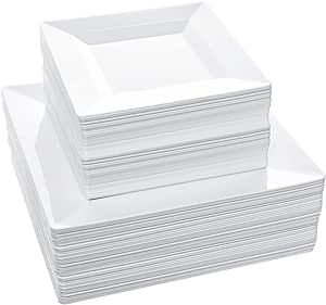 Disposable Square Plastic Plates - 100 Pack - 50 x 9.5 Dinner and 50 x 6.5 Salad Combo Plate - Premium Heavy Duty - Fancy and perfect for a Party, Wedding, or Birthday