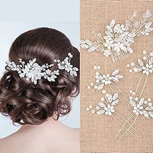 5 Pieces Hair Side Comb, Pins Pearl Crystal U-shaped Rhinestone Hair Accessories for Wedding Brides Women Girls (Silver)