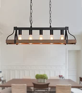 Rustic Kitchen Island Dining Room Light Fixture Farmhouse Linear Chandelier Black and Retro Wood Finish 5-Light Industrial Metal Hanging Pendant Light UL Listed L33.5 W10.6