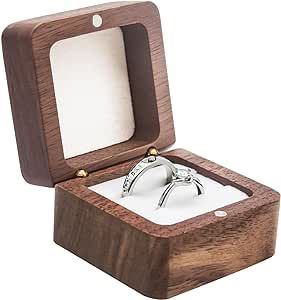 Wooden Ring Box for Wedding Ceremony 2 Slots,Small Square Solid Wood Double Ring Holder Case Box,Vintage Ring Bearer Box for Engagement Proposal,Rustic Jewelry Gift Storage Box-White