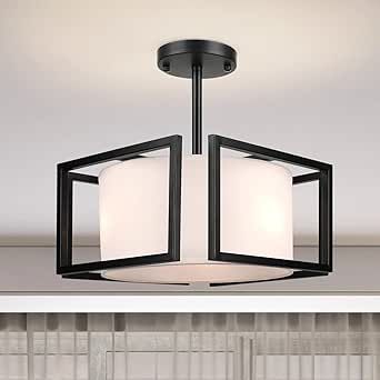 Modern Ceiling Light Fixture - Easric Semi Flush Mount Ceiling Light Industrial Light Fixtures Ceiling Mount with Fabric Shade Black Metal Frame Drum Ceiling Lights for Bedroom,Hallway,Kitchen