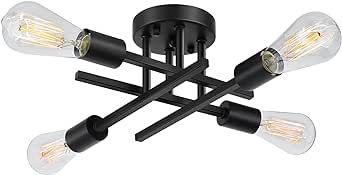 SunRider Industrial 4-Light Semi Flush Mount Ceiling Light Fixture, Modern Farmhouse Lighting Matte Black, Rustic Sputnik Chandelier Ceiling Lamp