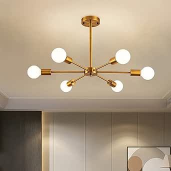 6 Lights Modern Sputnik Chandelier Semi Flush Mount Ceiling Pendant Lighting Mid Century Gold Bronze Industrial Brushed Brass Light Fixture for Kitchen Living Room Dining Room Restaurant