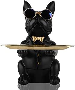 Modern Decor Resin Bulldog Tray Statue Piggy Bank Tray Storage Key Holder Candy Jewelry Earrings Tray Suitable for Home Decor Modern Art Dining Table Decor Office Small Object Tray (Black)