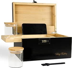 Large Bamboo Box Tray Set with Combination Lock Decorative Box with Accessories for Gift, Home and Organization-Black