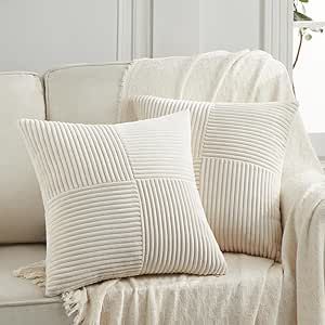Fancy Homi 2 Packs Boho Cream Decorative Throw Pillow Covers 18x18 Inch for Living Room Couch Bed Sofa, Rustic Farmhouse Home Decor, Soft Corss Corduroy Patchwork Textured Square Cushion Case 45x45 cm