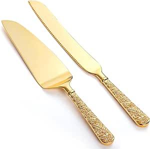 Dicunoy 2 PCS Gold Cake Knife and Server Set, Wedding Cake Cutting Utensils, Vintage Engraved Cake Cutter and Serving Spatula for Birthday, Party, Anniversary