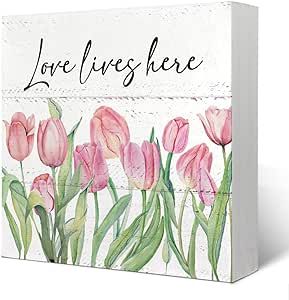 Spring Decorations for Home,Spring Tulips Sign,Love Lives Here Sign,Spring Signs for Home Decor,Spring House Decor,Spring Tabletop Decor 5x5 Inch