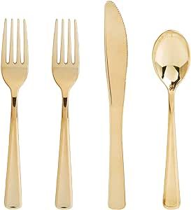 YOUBET 100PCS Gold Plastic Silverware -Gold Plastic Cutlery Set Disposable Flatware Dinnerwar-50 Gold Forks, 25 Gold Spoons, 25 Gold Knives for Party/Wedding