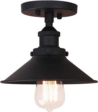 Pathson Vintage Ceiling Light with Metal Shade, Farmhouse Ceiling Lamp Fixtures for Hallway Loft Kitchen Bar, Matte Black Semi-Flush Mounted Lighting(Black)