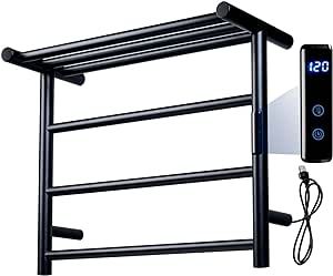 MyGift Premium Hotel Series Wall Mounted Electric Bath Towel Warmer with Storage Shelf in Matte Black Stainless Steel, 4 Tier Deluxe Bathroom Hot Towels Holder Rack with LED Temperature Timer Control