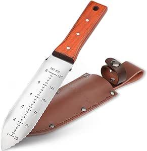 HAUSHOF Hori Hori Garden Knife, Weeding & Digging Tool, 7” Blade, Full Tang, Wood Handle Gardening Knife with Leather Sheath