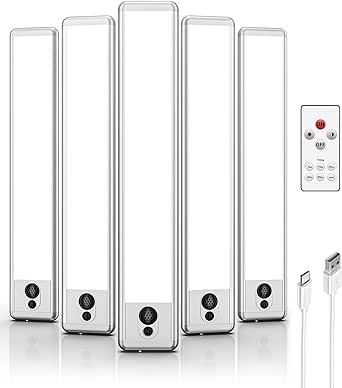 Under Cabinet Lights, LED Closet Lights Wireless USB Charging, Motion Sensor Lighting Indoor 5300K Dimmable with Remote Control (White) 5 Pack