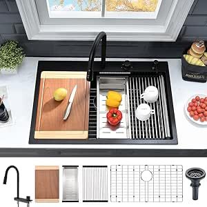 33 Inch Black Drop In Waterfall Kitchen Sink Workstation-VASOYO 33x19 Drop In Kitchen Sink Black Quartz Sink Single Bowl Smart Kitchen Sink Topmount Sink with Pull-out Faucet